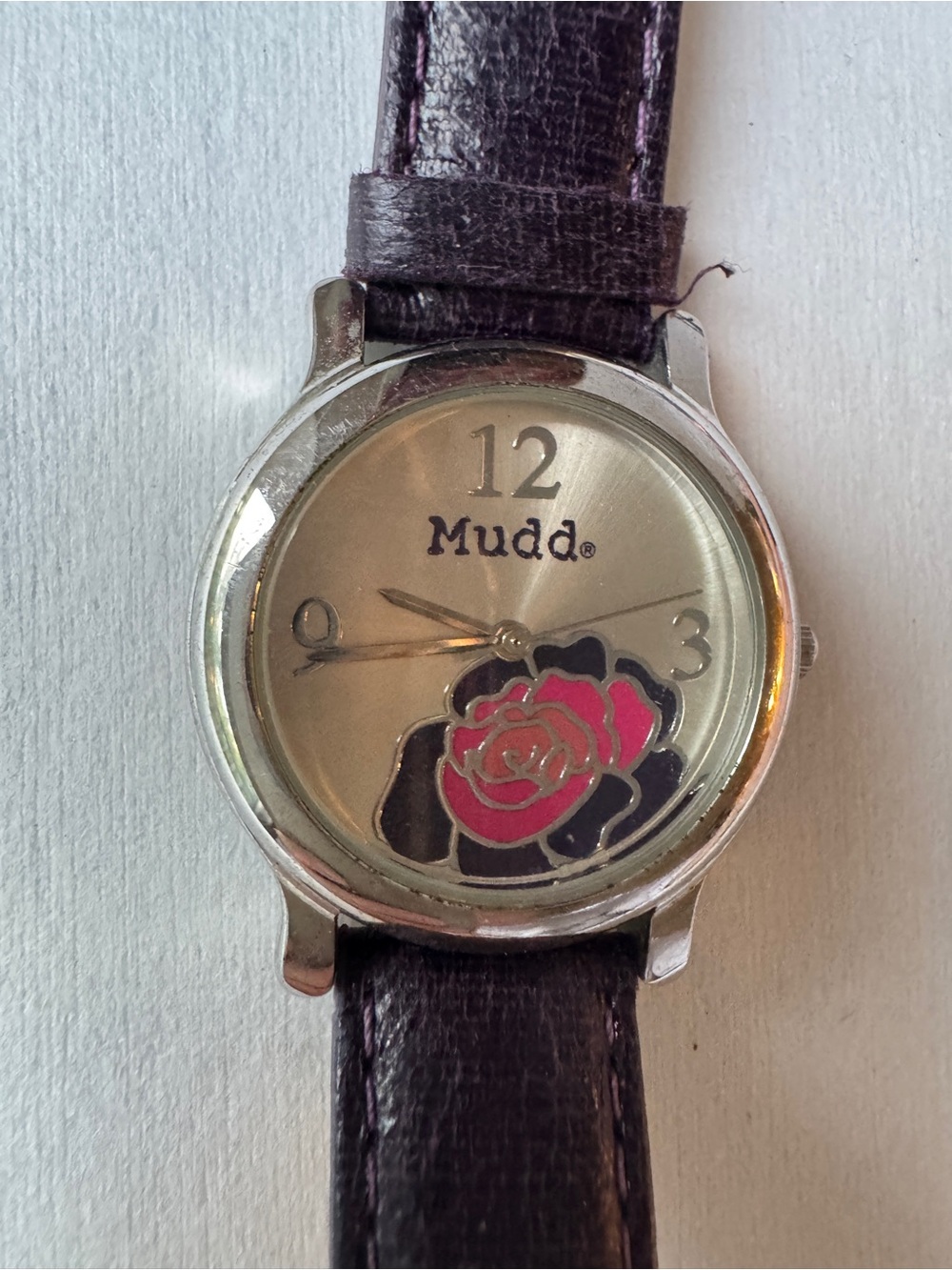 Mudd Silver Dial Watch with Pink Rose and Dark Purple Strap